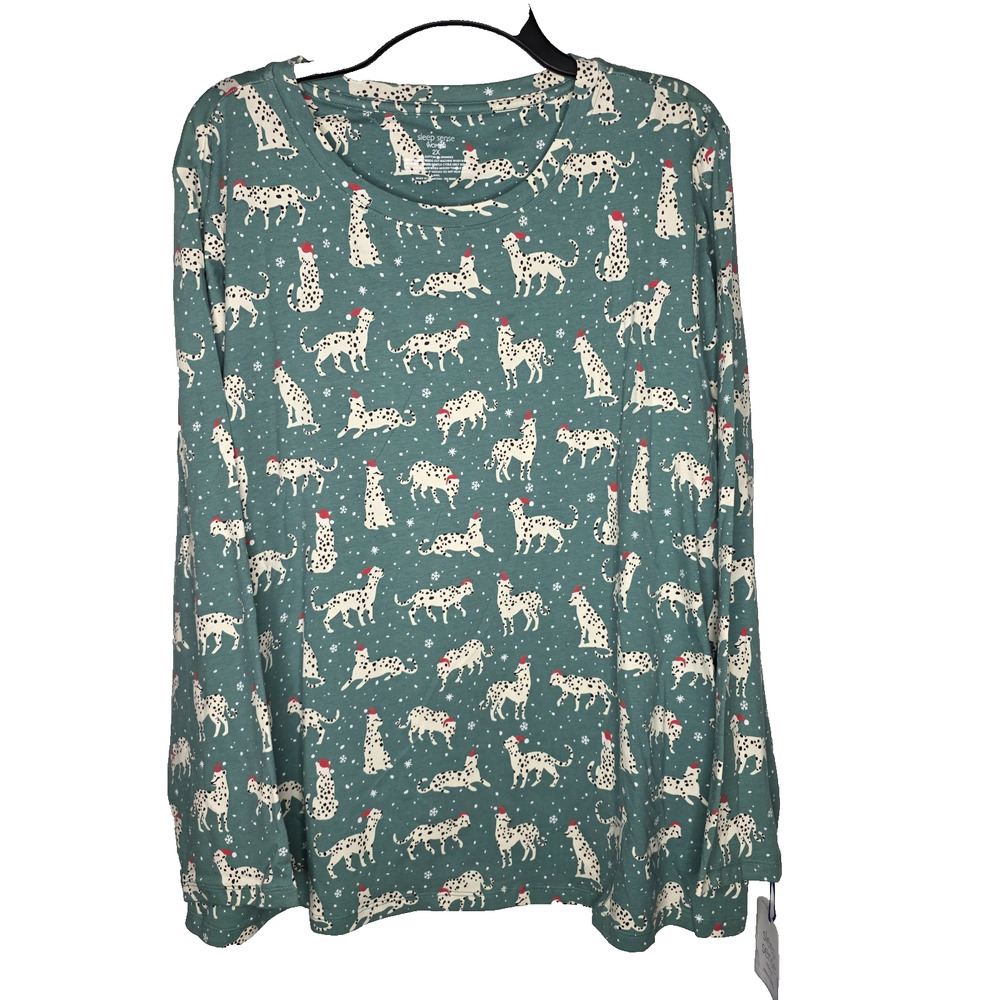 Sleep Sense Womens 2X Pajama Top Green Cheetah Pattern Holiday Long Sleeve Soft